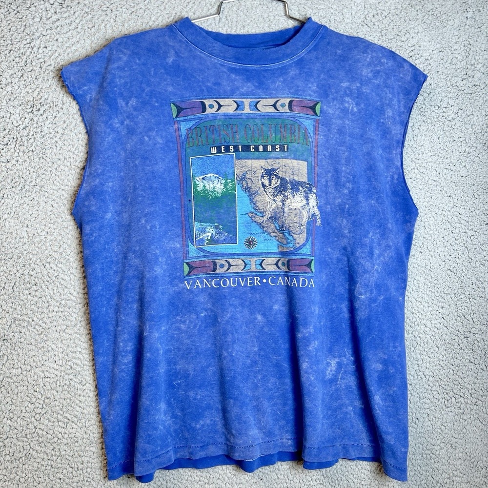 VTG British Columbia Canada West Coast Sleeveless T-Shirt Acid Blue Size XL Wolf